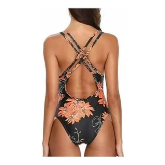MarinaVida Womens Black & Orange Floral Strappy Swimsuit -SzXXL - Picture 2 of 3